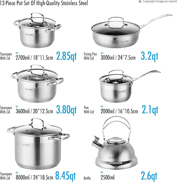 GERMANY Lot Imported 12-PCS ZEPTER High Quality Stainless Steel Cookware Set