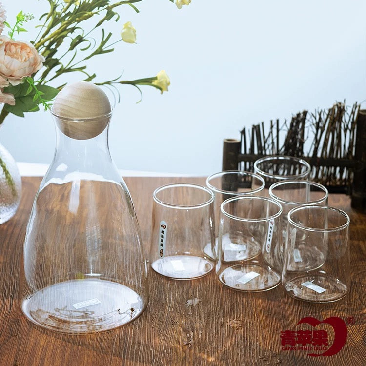 7-Pcs Nordic Classic Style Glass Set with Cork Lid Jug