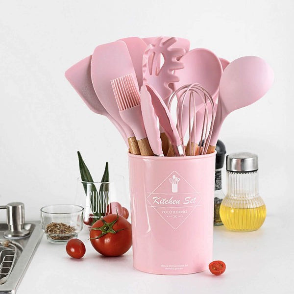 12 PCs Non stick Silicone Cooking Set-Pink💗