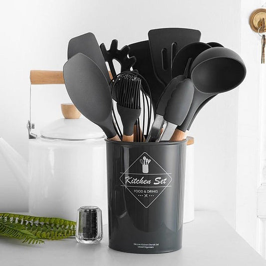 12 PCs Non stick Silicone Cooking Set-Black🖤