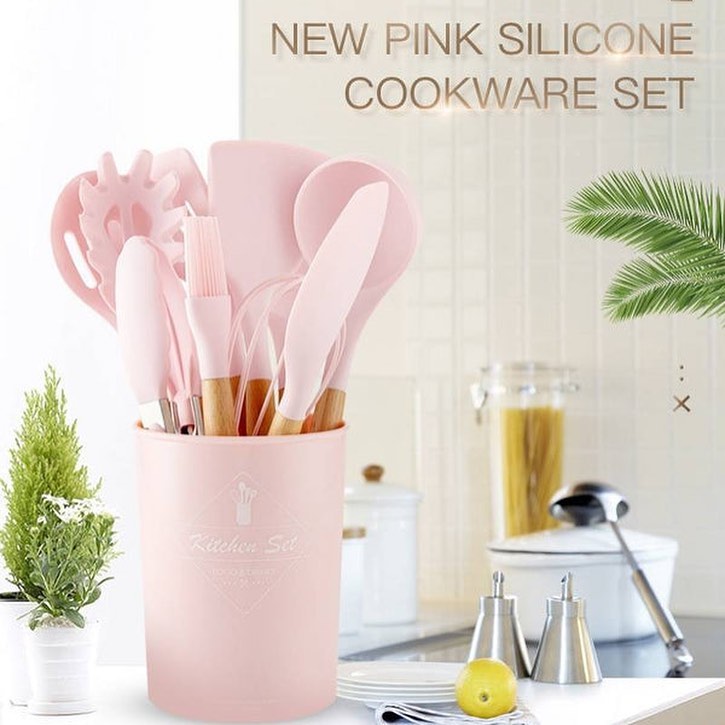 12 PCs Non stick Silicone Cooking Set-Pink💗