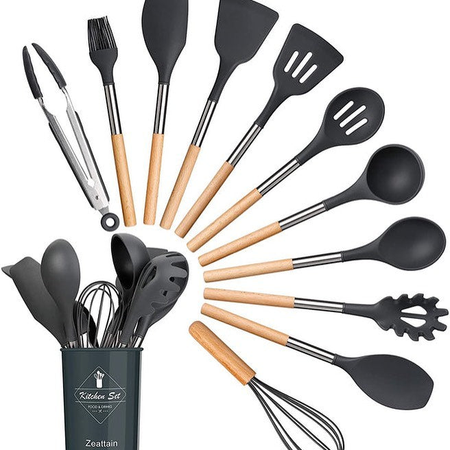 12 PCs Non stick Silicone Cooking Set-Black🖤