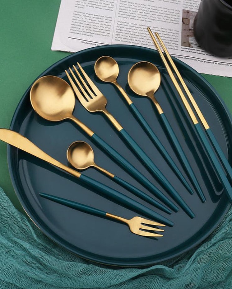 24 PCs Premium Steel Cutlery Set-Green over Golden