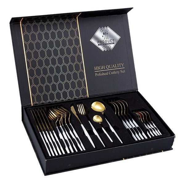 24 PCs Premium Steel Cutlery Set-White Over Golden