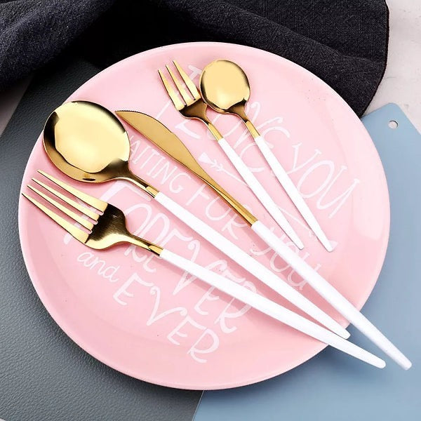 24 PCs Premium Steel Cutlery Set-White Over Golden