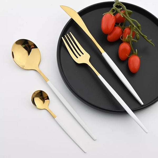 24 PCs Premium Steel Cutlery Set-White Over Golden