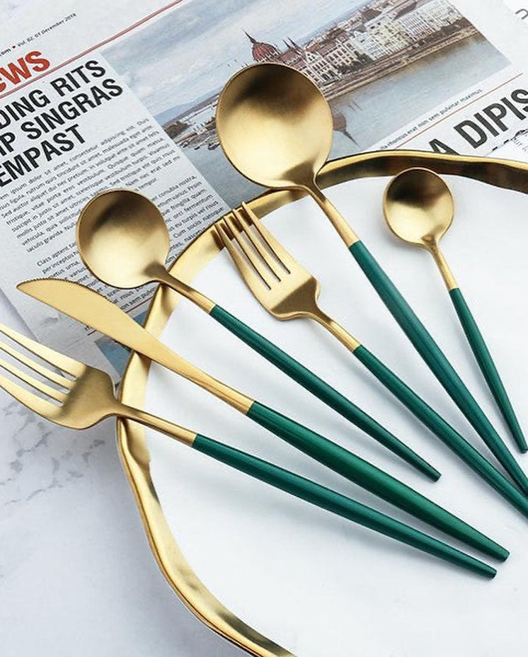 24 PCs Premium Steel Cutlery Set-Green over Golden