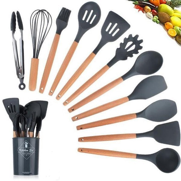 12 PCs Non stick Silicone Cooking Set-Black🖤