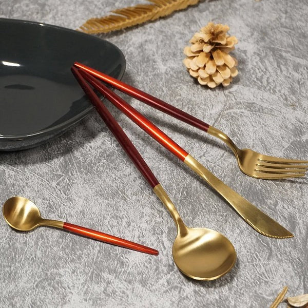 24 PCs Premium Steel Cutlery Set-Red over Golden