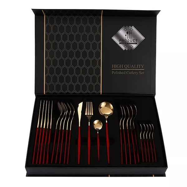 24 PCs Premium Steel Cutlery Set-Red over Golden