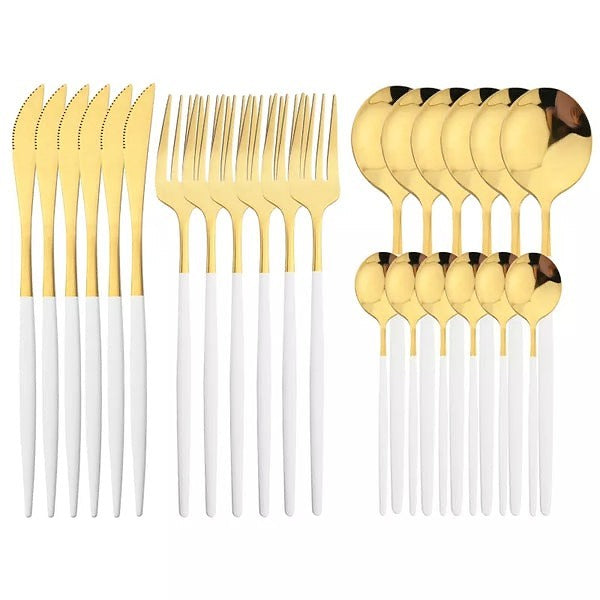 24 PCs Premium Steel Cutlery Set-White Over Golden