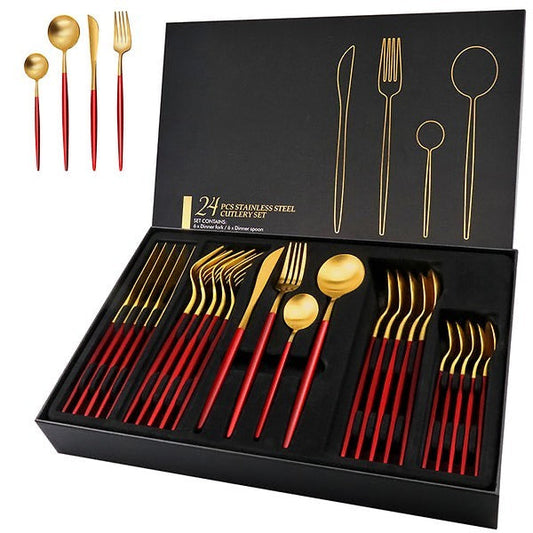 24 PCs Premium Steel Cutlery Set-Red over Golden