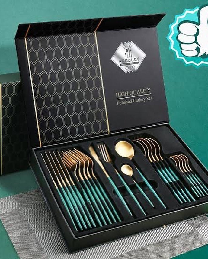 24 PCs Premium Steel Cutlery Set-Green over Golden