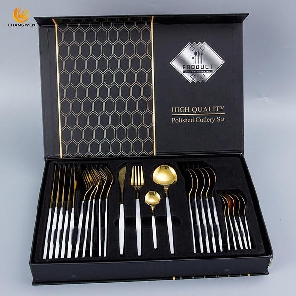 24 PCs Premium Steel Cutlery Set-White Over Golden