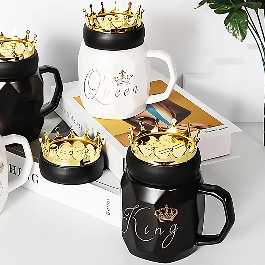 Ceramic Couple Mug with Crown Lid