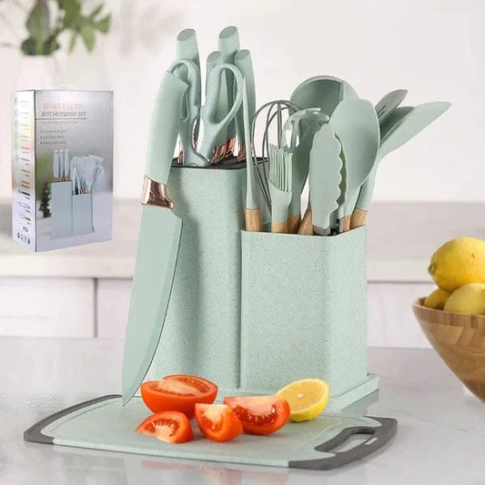 19-Pcs Kitchen Cooking Utensils & Knife Set with Block Holder & Cutting Board