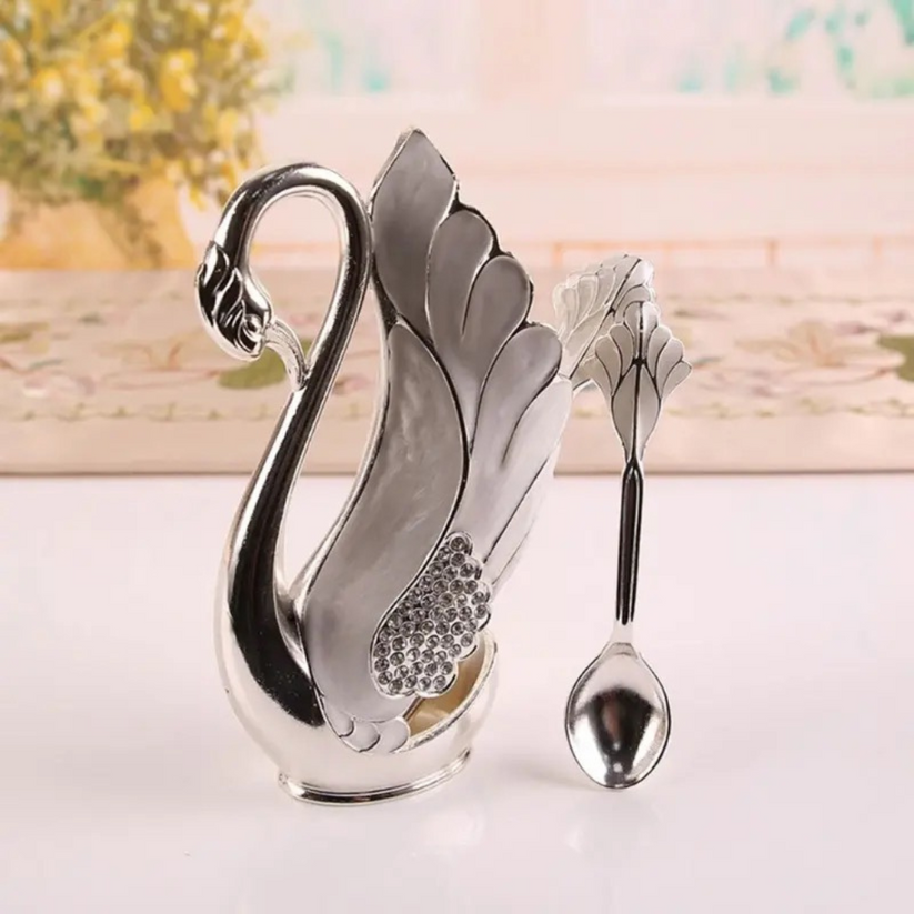 6pcs Metal Coffee Dessert Dinner Spoon Teaspoon Fruit Dessert Swan Base Holder