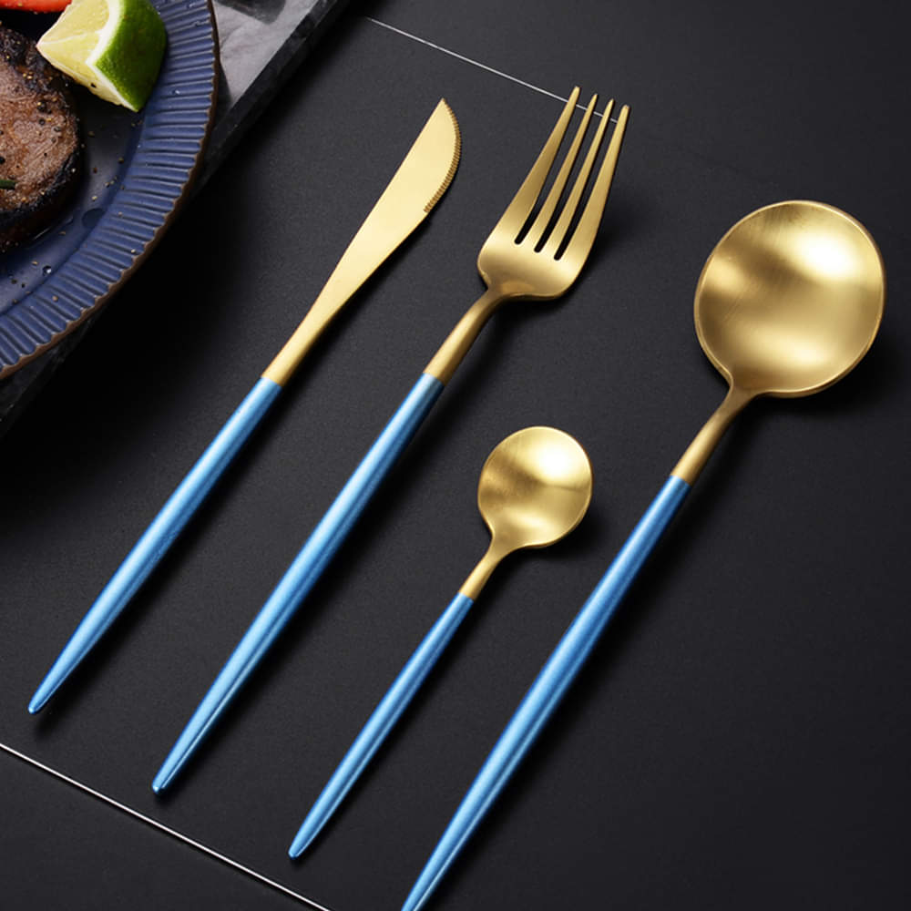 24 PCs Premium Steel Cutlery Set-Blue over Golden