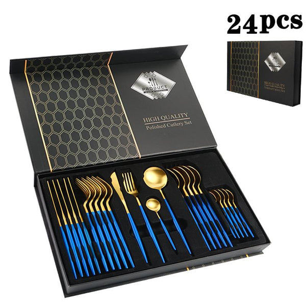 24 PCs Premium Steel Cutlery Set-Blue over Golden