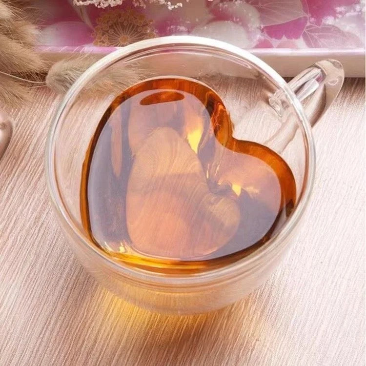 Heart Shaped Cup - Double Walled Insulated Glass Coffee Mug or Tea Cup