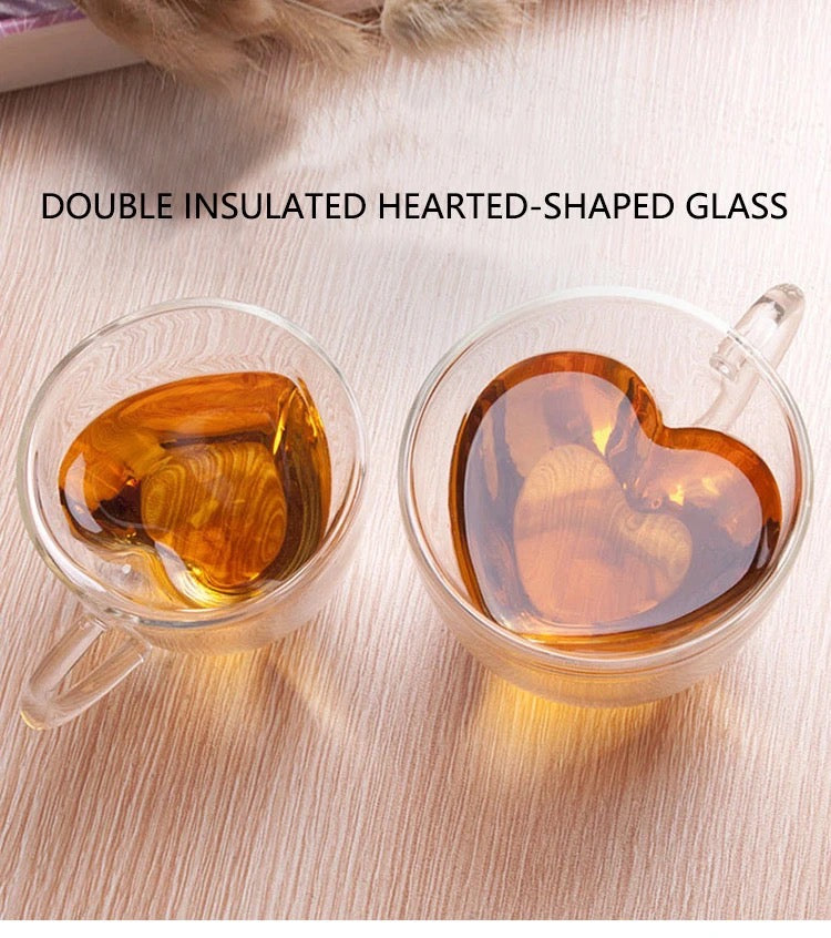 Heart Shaped Cup - Double Walled Insulated Glass Coffee Mug or Tea Cup