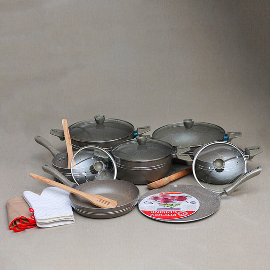 Kitchen Cuisine Almond Colour Marble Coated 18pcs Non-stick Set