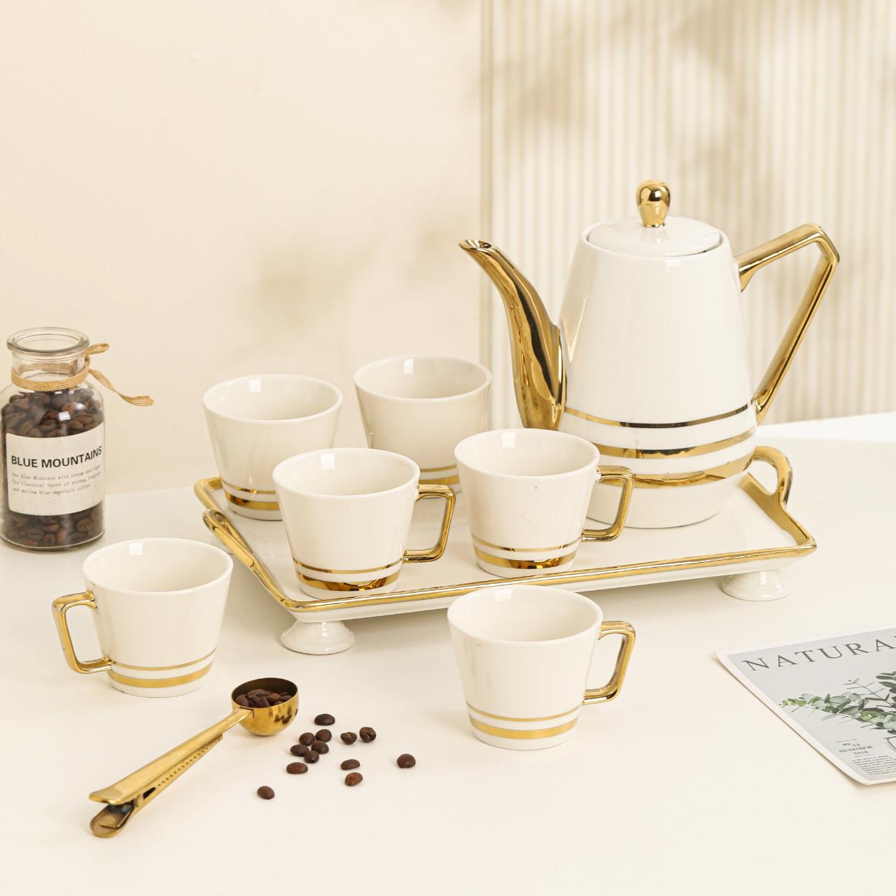 White/Black/Green & Golden Tea Set in Tray