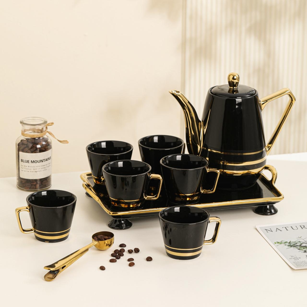 White/Black/Green & Golden Tea Set in Tray