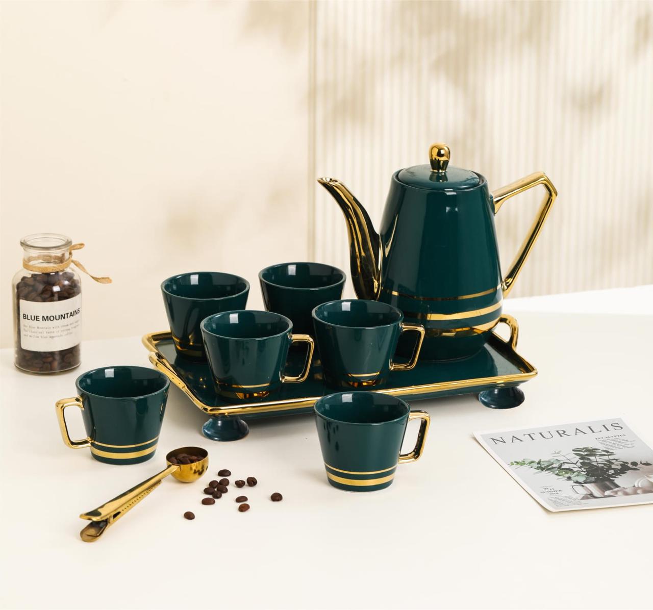 White/Black/Green & Golden Tea Set in Tray