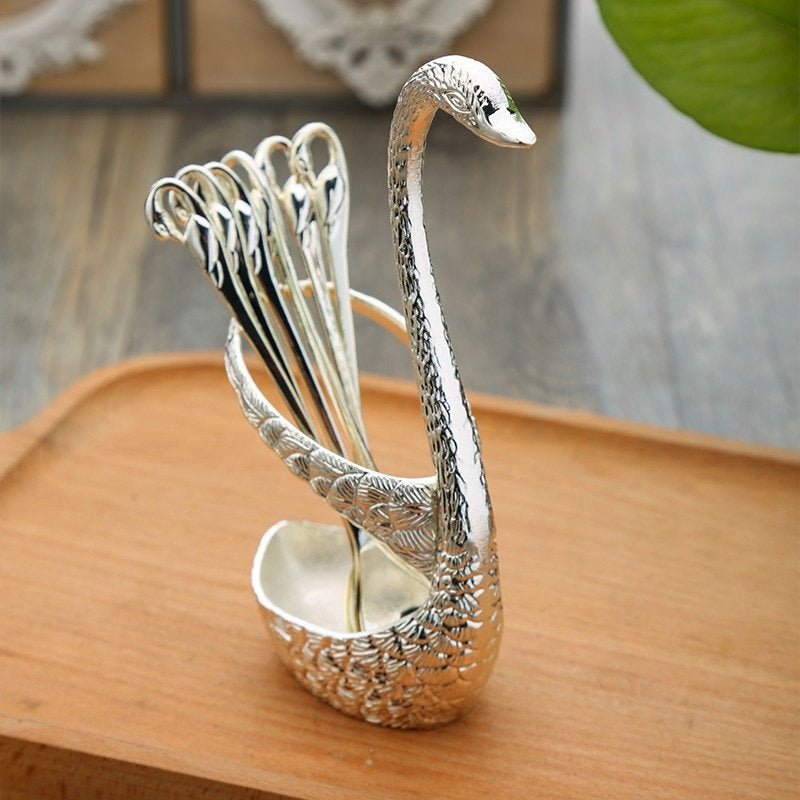 7-Pcs Swan Base Holder Stainless Steel Salad Dessert Spoons Coffee Spoon Cake Tableware- Pack Of 3