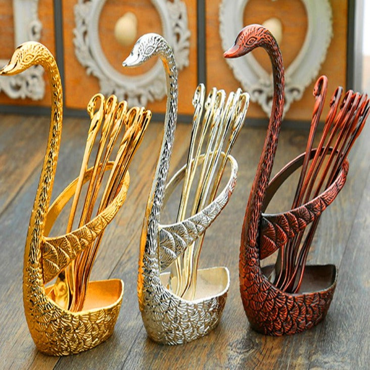 7-Pcs Swan Base Holder Stainless Steel Salad Dessert Spoons Coffee Spoon Cake Tableware- Pack Of 3