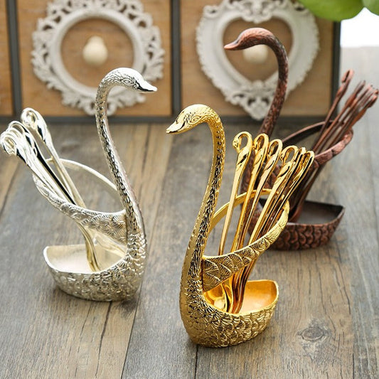 7-Pcs Swan Base Holder Stainless Steel Salad Dessert Spoons Coffee Spoon Cake Tableware- Pack Of 3