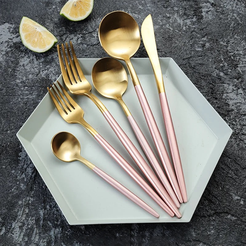 24 PCs Premium Steel Cutlery Set-Pink over Golden