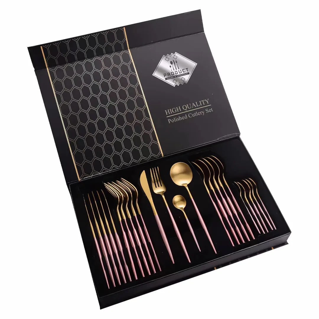 24 PCs Premium Steel Cutlery Set-Pink over Golden